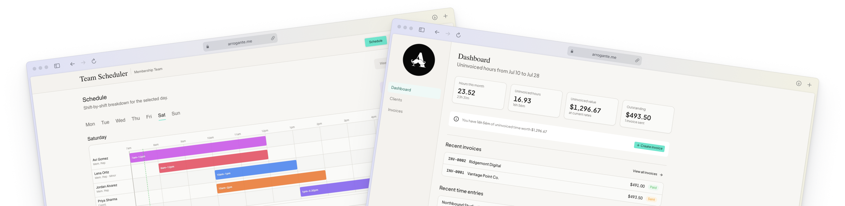 Time Tracker and Scheduler shown as layered browser windows, side by side.