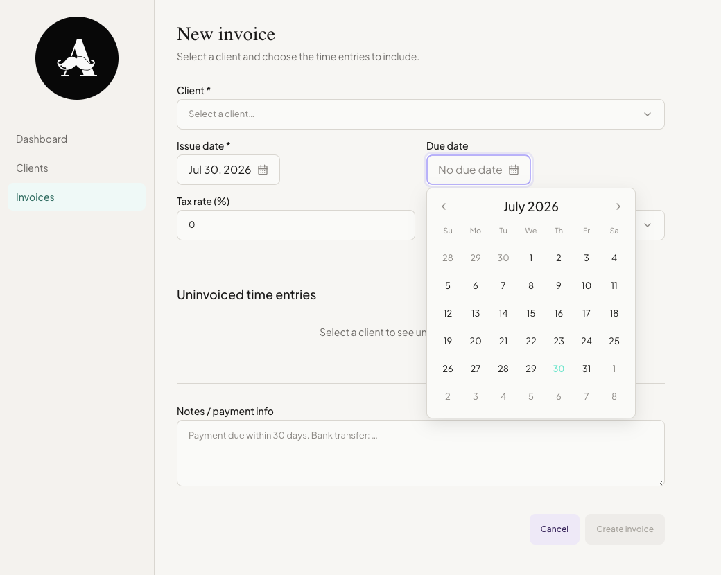 The same new invoice form restyled with Elegante DS components.