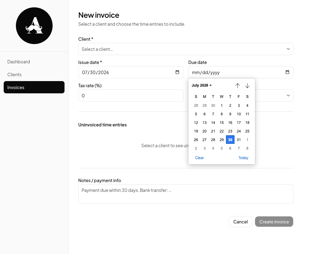 Time Tracker's new invoice form using shadcn's default components, before Elegante DS was applied.