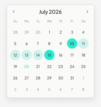 Date Picker component in Figma, composed from Popover, Calendar, and Day Cell instances bound to Elegante's design tokens.