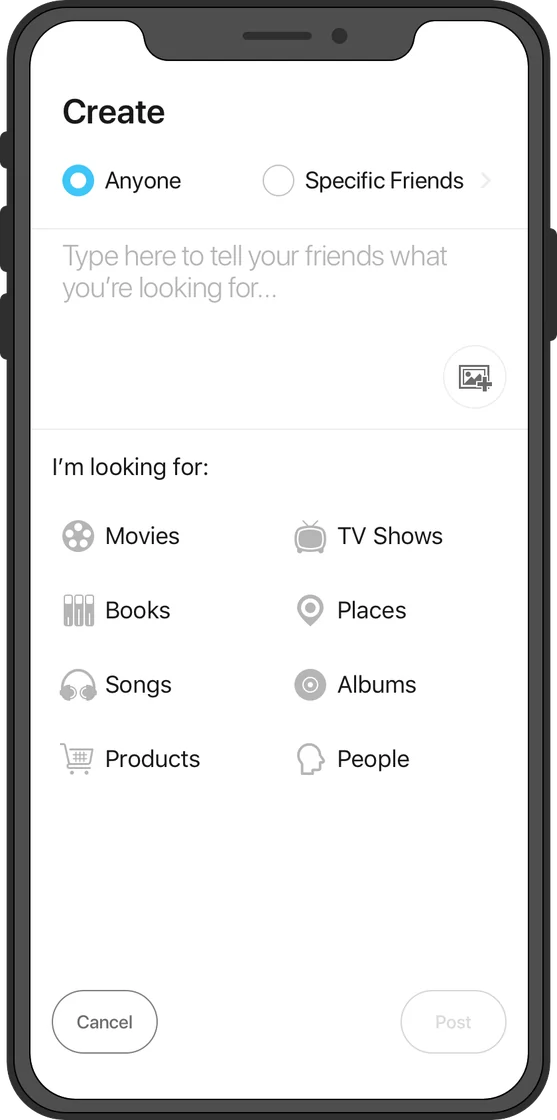 The Create sheet before anything is typed: an audience toggle for Anyone or Specific Friends, an empty question field, and eight categories to tag.