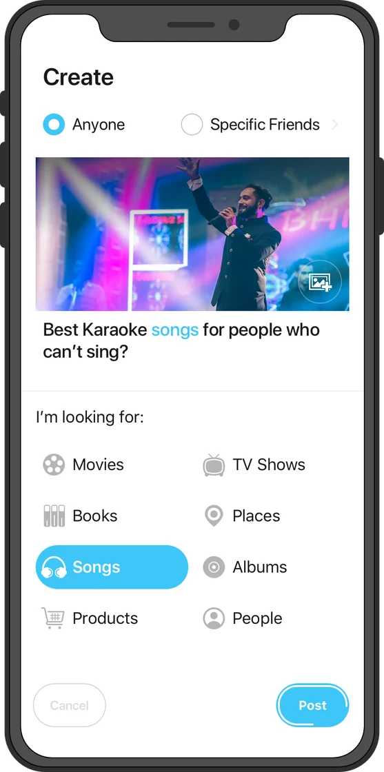 The same sheet filled in, asking for the best karaoke songs for people who can't sing, with Songs tagged and Post now enabled.