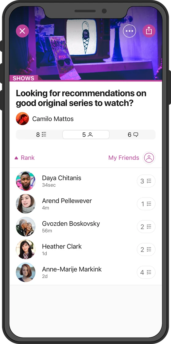 The friends who answered the same question, five of them listed with how many titles each put forward and how long ago.