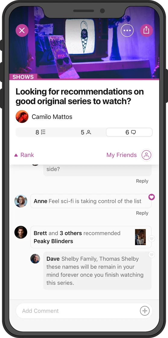 The chat attached to the same question, where people discuss the recommendations, including a note that Brett and three others recommended Peaky Blinders.
