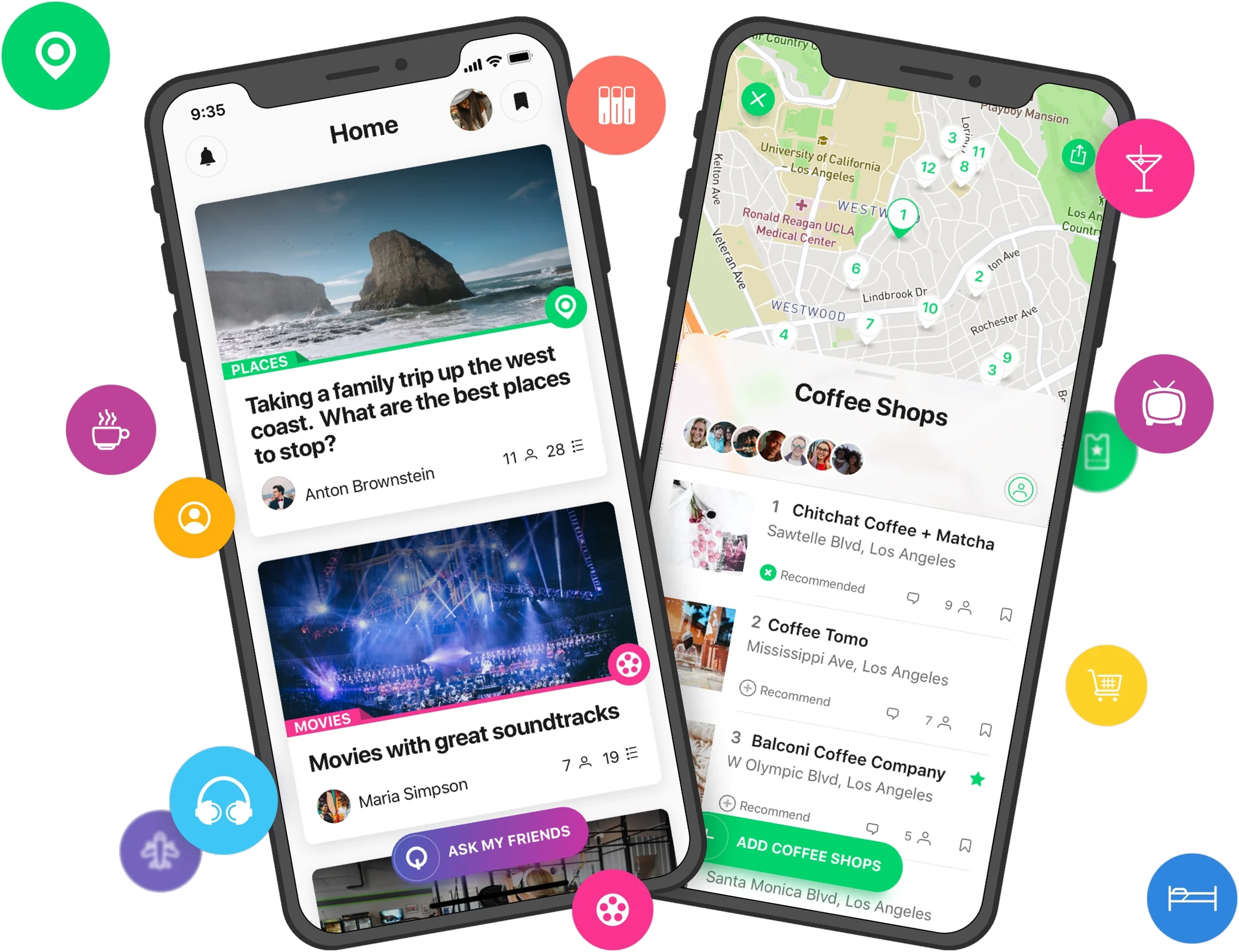 Q's home feed and a saved Coffee Shops list shown on two phones, ringed by the app's category marks for places, movies, books, music, travel, food and hotels.
