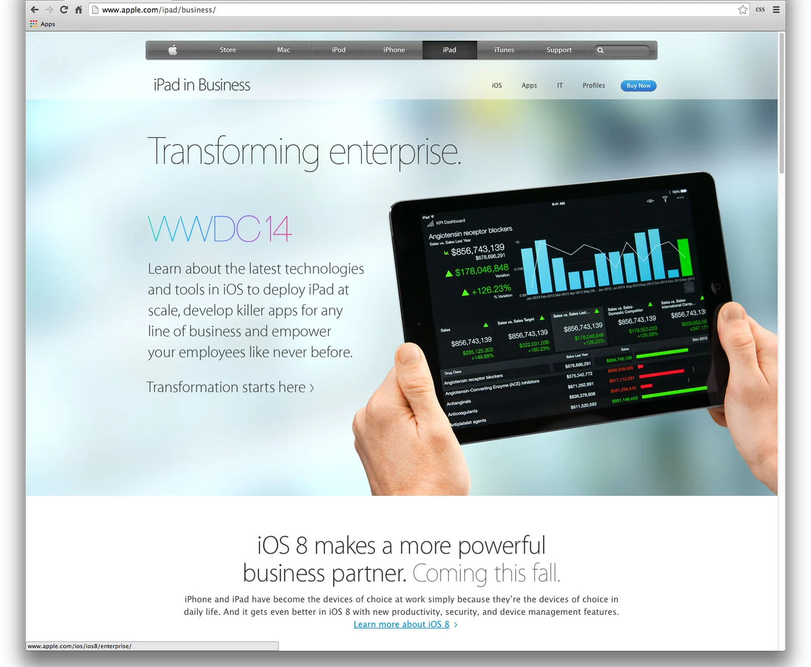Apple's iPad in Business page at apple.com, headlined Transforming enterprise, with Roambi running on the iPad in the hero image.