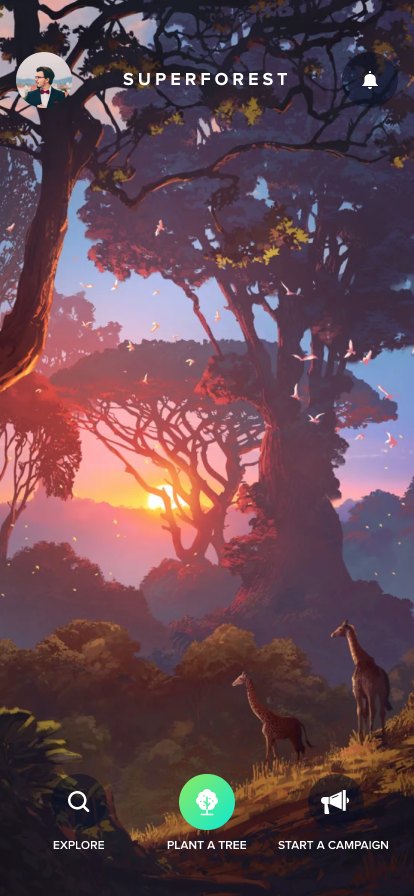 SuperForest home screen, a lit forest at dusk with Explore, Plant a Tree and Start a Campaign along the bottom.
