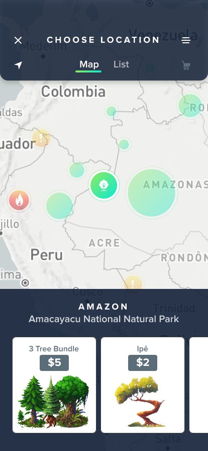 Choose Location, a map of South America with reforestation sites marked, and the Amacayacu National Natural Park selected.