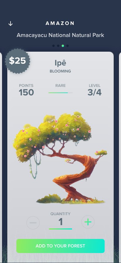 Tree detail for an Ipê, showing price, points, rarity, level and a quantity stepper before adding it to your forest.
