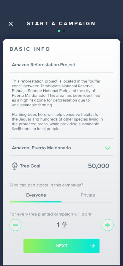 Start a Campaign, basic info step, with a project description, location, tree goal and a control for who can participate.
