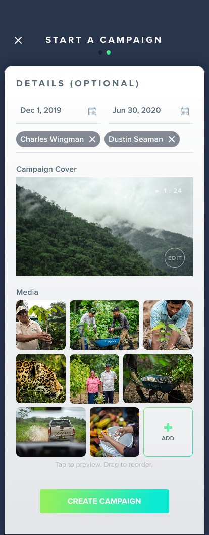 Start a Campaign, details step, with dates, collaborators, a campaign cover image and a media gallery.