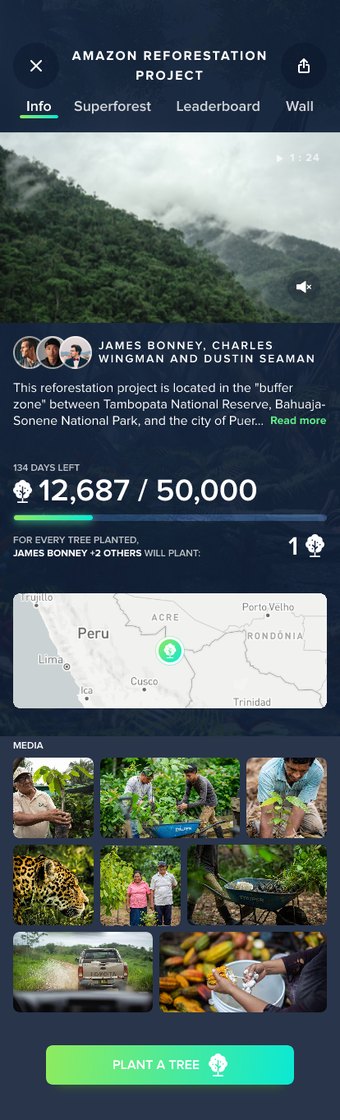 Amazon Reforestation Project detail, with progress toward a 50,000 tree goal, a location map and photo updates from the site.