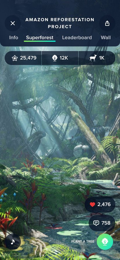 A grown forest rendered in the app, with likes and comments and a button to plant another tree.