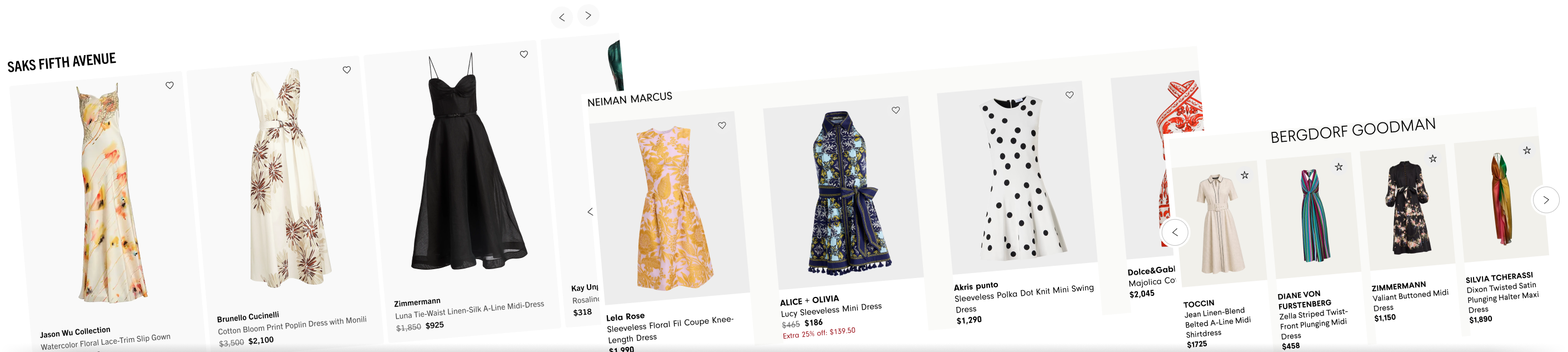 The same Recommendation Strip component in three brand treatments, overlapping across the frame: Saks Fifth Avenue, Neiman Marcus, and Bergdorf Goodman, each with identical card structure and its own typography and styling.