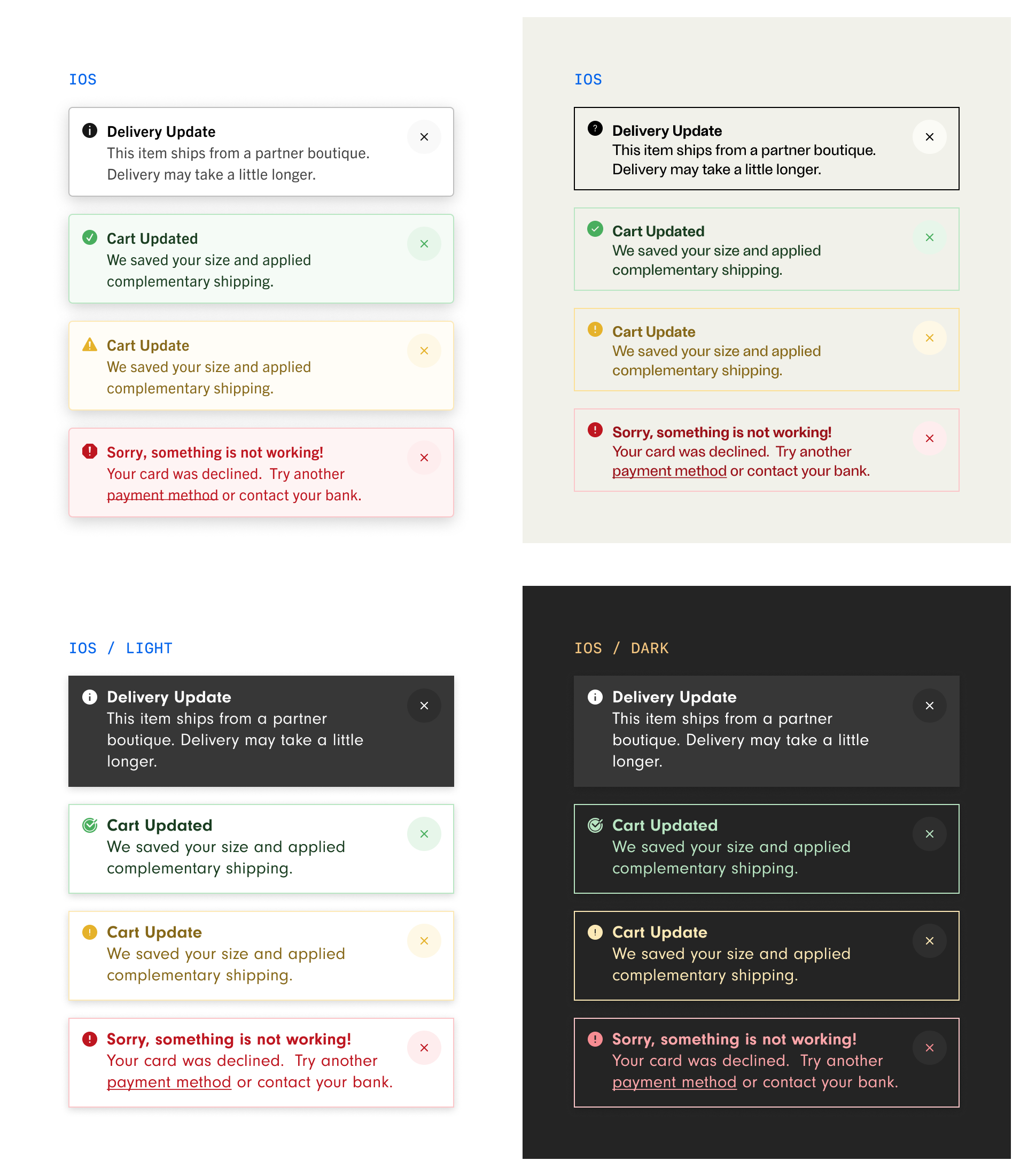 iOS Toast component shown with real cart and delivery messaging across brand modes: Saks Fifth Avenue and Bergdorf Goodman color treatments in the top row, and Neiman Marcus's light and dark themes in the bottom row, each with consistent icon, title, message, and dismiss treatment.