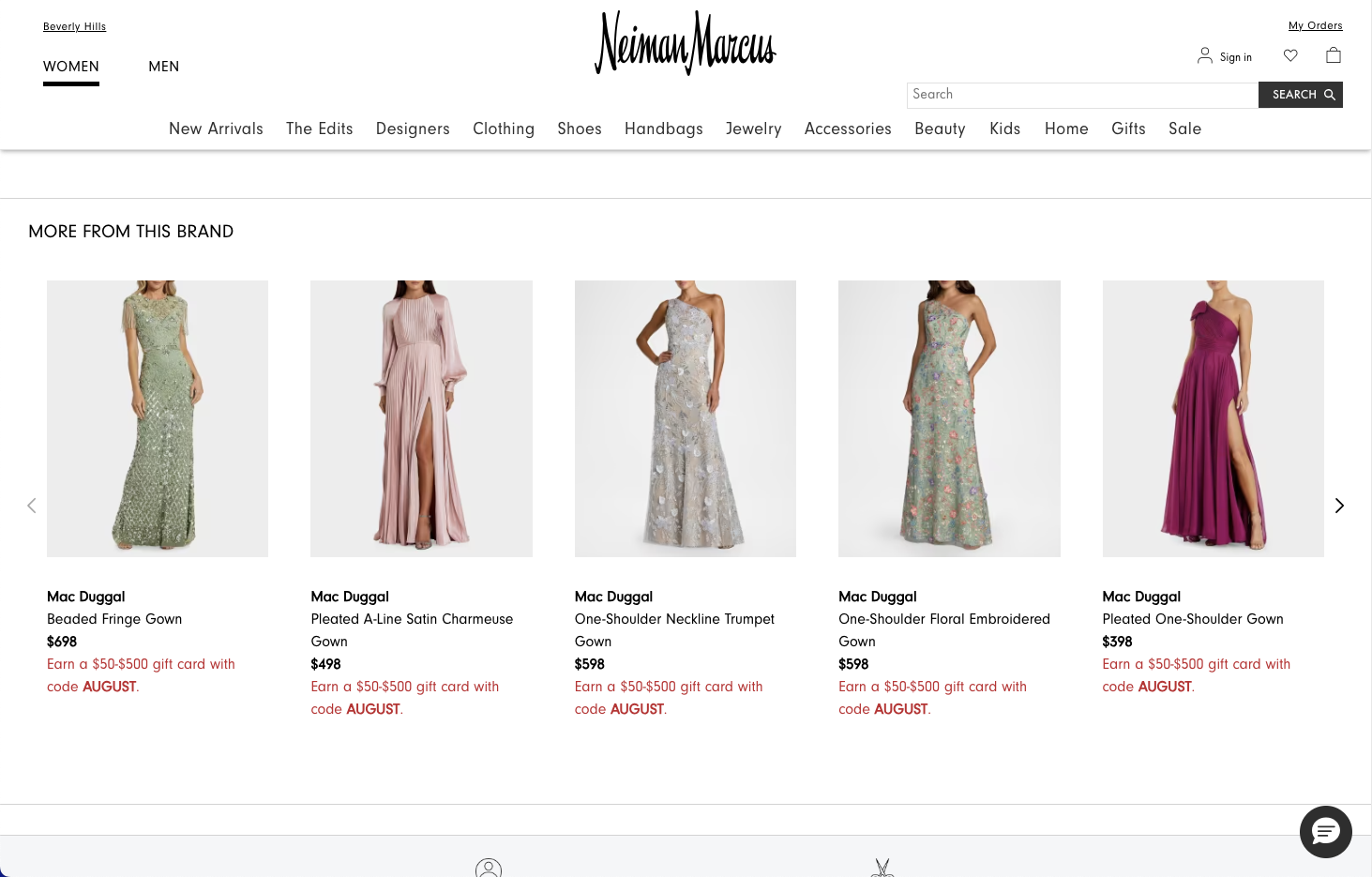 The same Recommendation Strip component live on neimanmarcus.com, showing a 'More from this brand' product carousel on a Neiman Marcus product page.