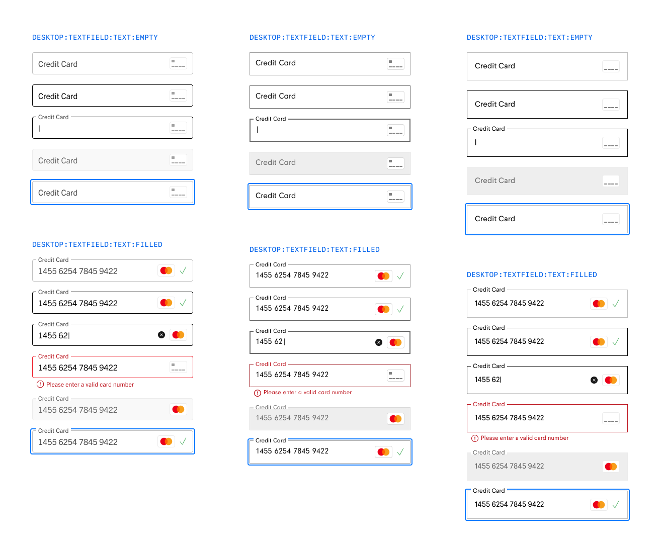 Credit Card text input component shown in its empty, filled, focused, error, and disabled states across three brand skins: Saks Fifth Avenue on the left, Neiman Marcus in the middle, Bergdorf Goodman on the right, each with its own visual treatment applied to the same underlying structure.