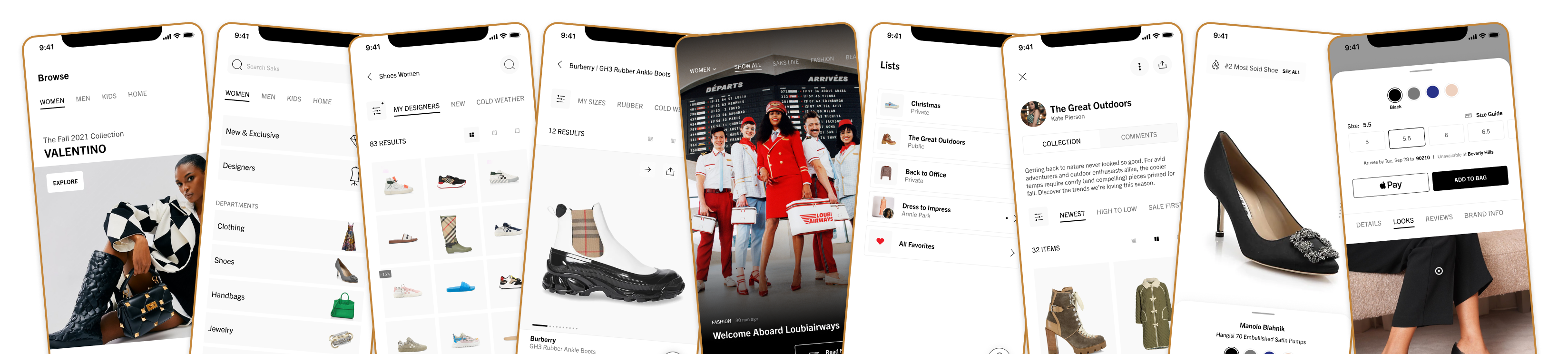 Row of mobile screens from the redesign: Browse, Search, category grid, a product detail page, The Edit editorial story, Lists, a collection detail view, a shoe listing, and checkout with Apple Pay.